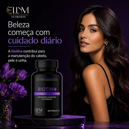 Biotina+ 180 Capsulas Ellym NUtrition Pele Cabelo e Unhas 100% Biotina MSM Acido Hialuronico Vitaminas B1 B2 B3 B5 B6 B12