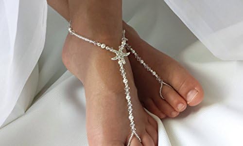 Kids Barefoot Sandals,Pearl Crystal & Silver Starfish Bridal Foot Wear,Flower Girl Wedding Jewelry Starfish Jewelry