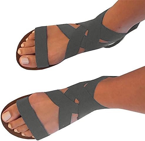 Feshare Womens Summer Flat Sandals Elastic Ankle Strap Open-Toe Gladiator Black Blue
