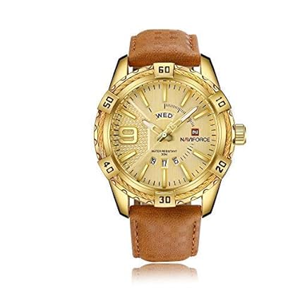 Naviforce NF-9117Golden-Gold Leather AnalogMens Watch