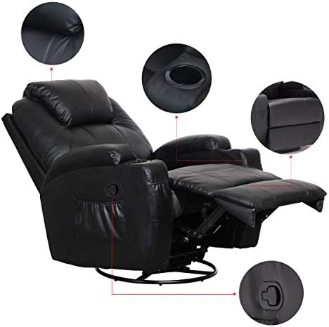 360 Degree Swivel Massage Recliner Chair, Massage Chair Heated Recliner Bonded Leather Sofa Chair with 8 Vibration Motors, Modern Recliner Seat Home Black