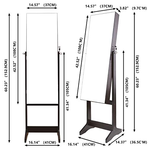 Nicetree Jewelry Cabinet with Full-Length Mirror, Standing Lockable Jewelry Armoire Organizer, 3 Angel Adjustable, Brown - Thumbnail 6
