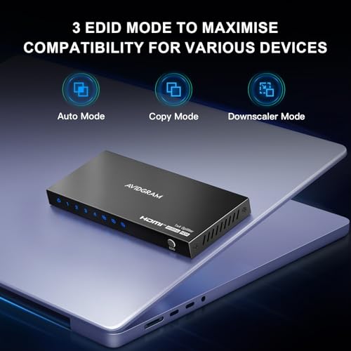 HDMI Splitter 1 in 4 Out 4K 60Hz 4:4:4, AVIDGRAM HDMI Splitter 4 Outputs with Copy, Downscaler and Auto Mode for Dual Identical Display Support 1080p 120Hz HDMI2.0 HDCP 2.2 HDR10 18Gbps 3D