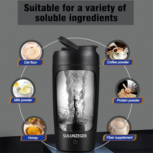 SULUNZEGER Protein Shaker Bottle Electric, Rechargeable Portable Blender with Powder Cup, Mini Protein Mixer for Gym, Food Processors Blenders for Juicer, Smoothie, Milk, (650ML, Black)