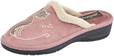 WOMENS MULE SLIPPERS CAT MOTIF OUTDOOR SOLE SIZE 3 - 8 PINK