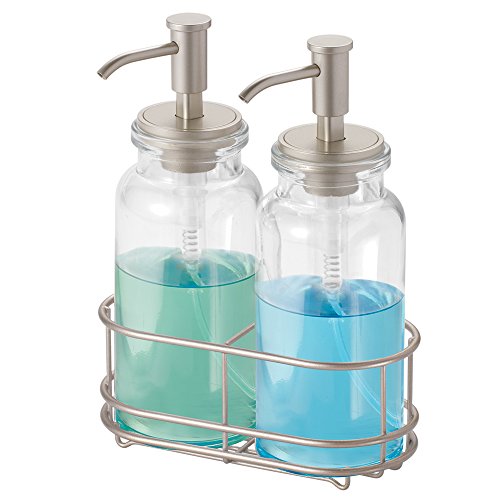 mDesign Double Liquid Hand Soap Glass Dispenser Pump Bottle Caddy for