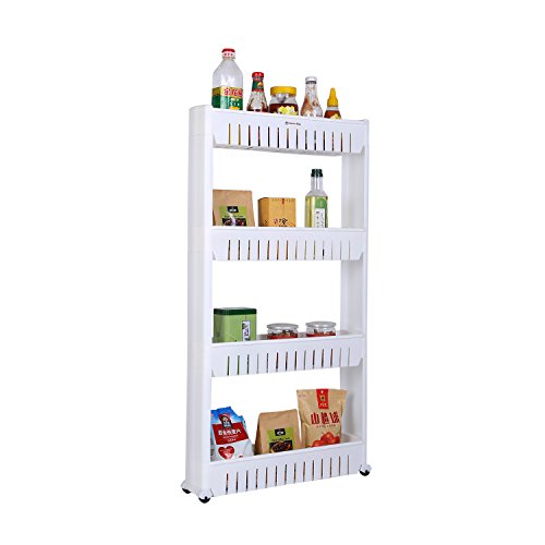 Home-Man Mobile Shelving Unit Organizer with 4 Large Storage Baskets, Gap Storage Slim Slide Out Pantry Storage Rack for Narrow Spaces, 4 Tier