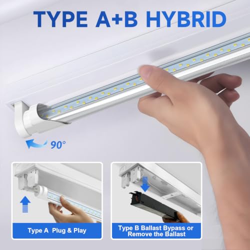 JESLED T8 LED Type A+B Tube Light, 4FT, 24W 3000LM 6500K, 4 Foot T12 LED Fluorescent Bulbs Replacement, ETL Listed, Dual-end Powered, Plug and Play or Ballast Bypass, Shop Lights for Garage (12-Pack)