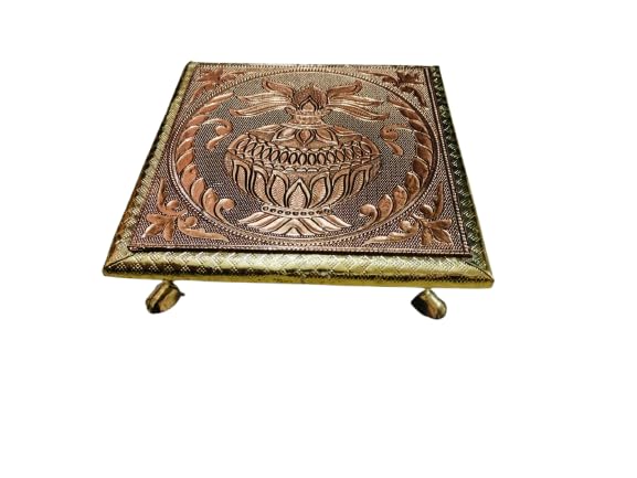 Photo 1 of Golden and Copper Meenakari Wooden Pooja bajot All Purpose chowki Kalash Design for Pooja ghar Gold (8" X 8"x2" Inches) for Diwali/Navratre/Navratri Puja