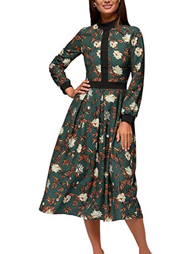 Simple Flavor Women's Floral Vintage Midi Dress Elegant Work Dress Long Sleeve(Green,S)