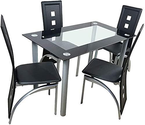 Kitchen Dining Table Set,5 Pieces Modern Dining Room Table Set w/Tempered Glass Top & 4 High Back Leather Chairs Dinette Set for 4,Sturdy Metal Frame Kitchen Breakfast Furniture Counter Height,Black
