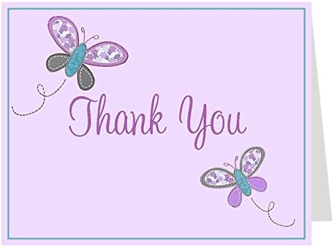 Butterfly Thank You Cards Baby Shower Sprinkle Kids Girls Birthday Botanical Folding Notes Purple Lavender Fluttering Butterfly Kisses Purple Printed Cards (50 Count)