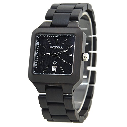 Bewell Casual Square Wooden Watches with Date Stylish Black Luminous Analog Quartz Wristwatch for Men