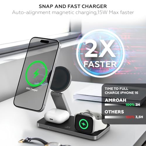 AMROAH Foldable 3 in 1 Wireless Charging Station for Apple Compatible with Magsafe Charger Stand, Magnetic Wireless Charger Station for iPhone 17 16 15 14 13 12, Airpods Pro, Apple Watch (Black)