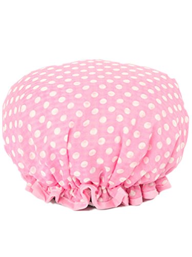 Moolecole Women Polka Dots Waterproof Shower Cap Double Layer Bathing Cap Elastic Band Spa Shower Hat Pink