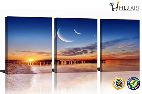 HLJ Arts Sunrise Theme 3 Panels Canvas Wall Decor Blue Skyline Sea Sunset White Beach Painting The Picture Prints Seascape For Home Decoration Ready to Hang (Skyline Blue)