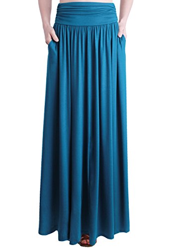 TRENDY UNITED Women's Rayon Spandex High Waist Shirring Maxi Skirt with Pockets (TEL, XX-Large)