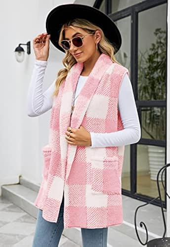 ReachMe Women's Fashion Vests Fleece Plaid Vest for Women Buffalo Plaid  Long Vest Jacket Fuzzy Sherpa Vest(03