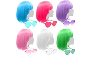 LIULIUBTY Short Bob Colors Wigs with Bangs, 6Pcs Cosplay Wig with Heart Sunglasses for Halloween Bachelor Party Decorations