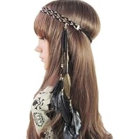 BUYITNOW Women Feather Headband Stretchy Braided Leaf Bead Hair Tassels