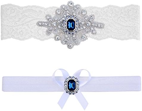 Wedding Garter Set Sapphire Blue Bridal White Lace Garter Keepsake Toss Vintage