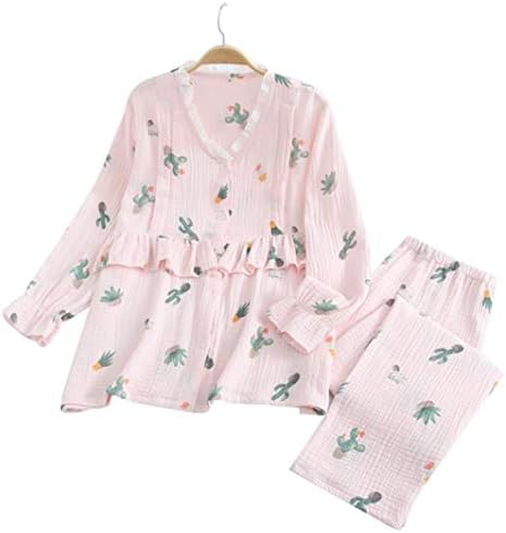 マタニティパジャマ 春夏 授乳口付き サボテン柄 かわいい 授乳服 前開き ウェスト調整可能 ルームウェア 長袖 上下セット 綿 二重ガーゼ 柔らかい 産前 産後