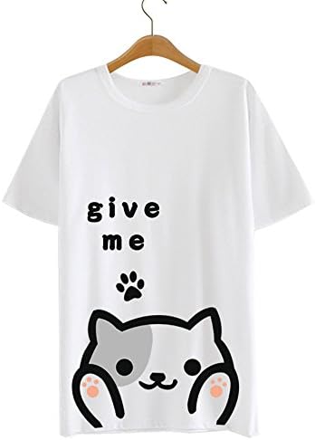 Life Star Women's Kawayi Cute Cat "Give Me" T Shirt Short Sleeve Shirt (US M / Asia XL, White)