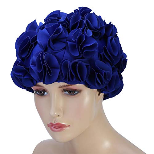 Keenso Swim 3 Colors Women Children Retro Floral Flower Fashion Elastic Swiming Hat Long Hair Swim Bathing (Royal)