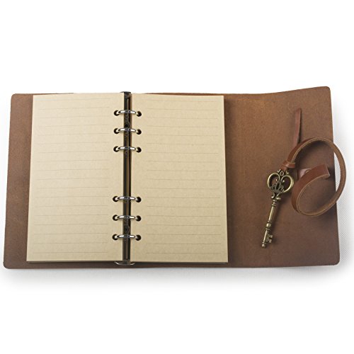ANCICRAFT Vintage Soft Genuine Leather Journal Diary Notebook Refillable with Key 6-ring Binder Lined Craft Paper A6 (Red brown with key)