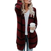 irene inevent Womens Loose Cardigans Striped Color Block Long Top Open Front Long Sleeve Sweater Coat Outwear with Pockets -Black & Wine Red -S