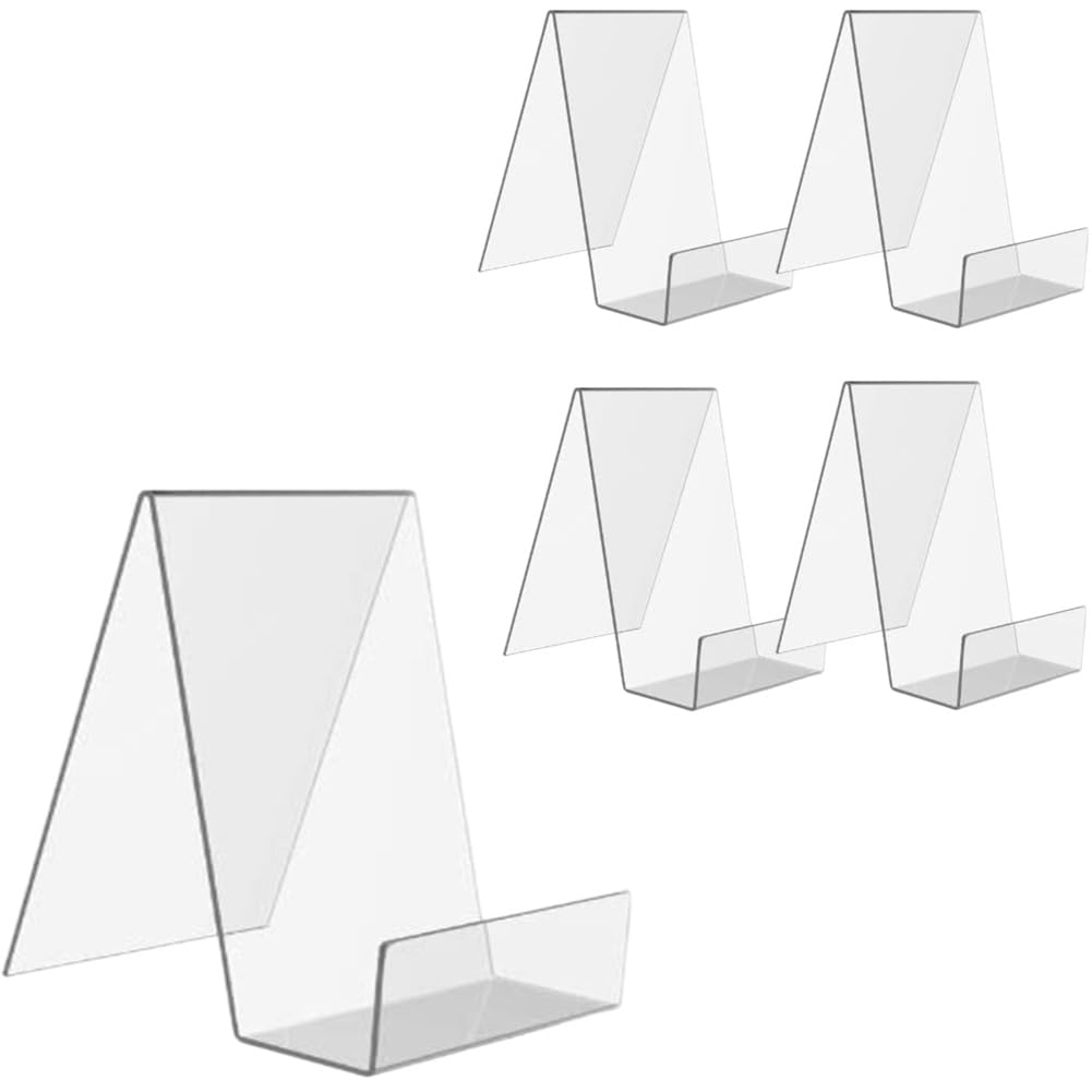 JEWELTH Clear Acrylic Book Stand with Ledge, Transparent Book Holder Display Stand for Displaying Pictures, Books, Cookbooks, Menus, Music Sheets, CDs, Notebooks, Artworks (L/5PCS)