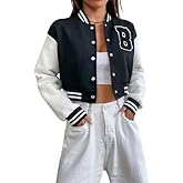 WDIRARA Women's Casual Button Down Letter Patched Color Block Crop Varsity Jacket Outerwear