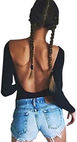 EKIMI Women's Black Long-Sleeved Leotard Backless Elasticity Bodysuit (M)
