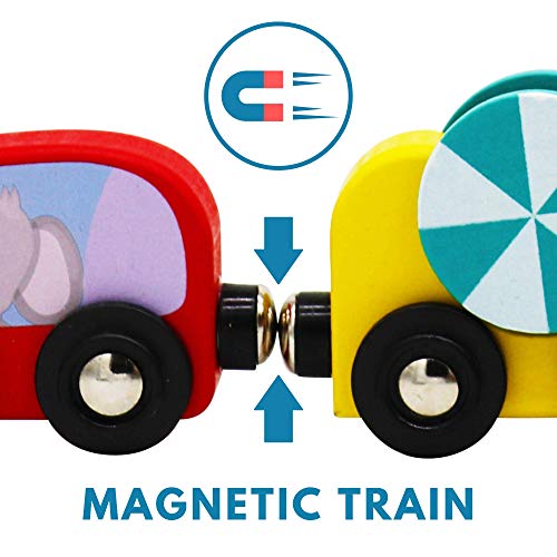 Vesta Baby My First Railway Train Set - 24 Piece Beginner Wooden Rail Activity Toy for Kids - Wood Double-Sided Compatible Tracks with Magnetic Trains, Age 18 Months 2 3 4 Years Old Toddler Boys Girls