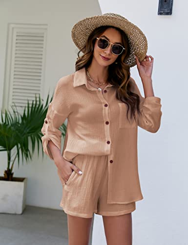 2 PIECE OUTFITS FOR WOMEN, LOUNGE SETS PAJAMA SETS LONG SLEEVE BUTTON DOWN OVERSIZED SHIRTS AND SHORTS WITH POCKETS(KHAKI-XS)