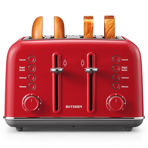 BUYDEEM DT640 4-Slice Toaster, 7 Shade Settings, Extra Wide 1.5’’ Slots for Bagel & English Muffin, 6 Toasting Functions, Retro Stainless Steel Toaster with High Lift Lever, 1800W, Red