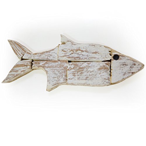 CinMin Handcarved Rustic Wood Fish Wall Plaque Decor, 15 Inch Whitewash