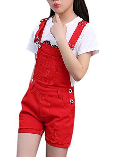 Girls Big Kids Classic Denim Overalls Cute Jumpsuit Casual One Piece Romper 160 Red