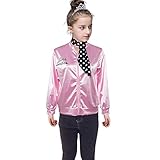 50S Grease T-Bird Danny Pink Ladies Satin Jacket Costume with Polka Dot Scarf for Girls (6, Pink)