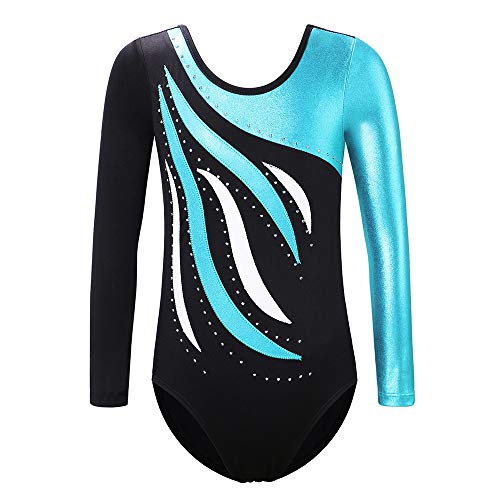 XFGIRLS Gymnastikanzug für Mädchen, langärmelig, glitzernd, glänzend, athletisch, Ballett, Tanz, Turnanzug, 3–16 Jahre, schwarzblau, 13-14 Years
