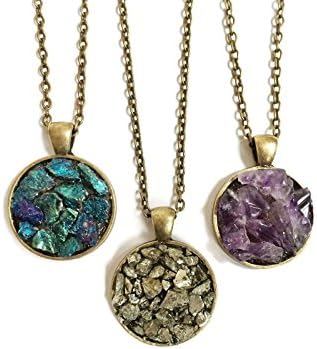 Raw Stone Crystal Mineral Necklace - Pyrite, Amethyst, Peacock Ore