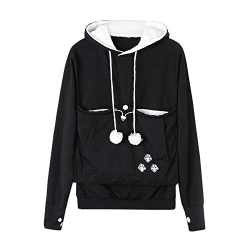 Rambling Fashion Women Cat Ear Big Kangaroo Pouch Hoodie Long Sleeve Pet Cat Dog Holder Carrier Sweatshirt (Black, 4XL)