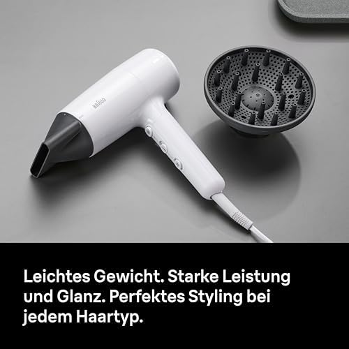 Haartrockner HD2.21 – Leichter Haartrockner mit Diffusor und Stylingdüse für alle Haartypen, IONTEC Technologie, 2200 W, 3 Temperaturen und 2 Geschwindigkeiten, Weiß, BRHD226E