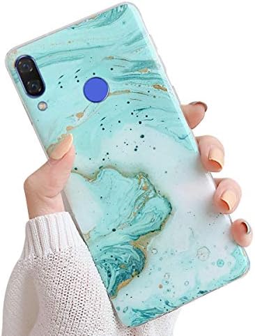 Suhctuptx Compatible for Huawei Nova 3i Case Soft Silicone+Strap Holder Hole Marble Design Glitter Rubber Hybrid Cover Shockproof Drop Protection Bumper Case Girls Women Pretty Phone Skin(Green)