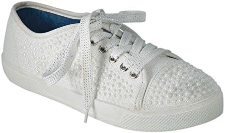 Blossom Women's Cherry Pearl Lace Up Rhinestone Fashion Dress Sneakers (7, Pearl White)