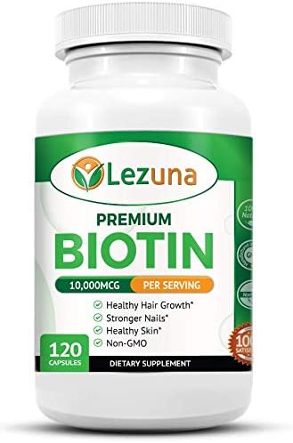 Lezuna Premium Biotin Supplement 10,000 MCG, Vegan Friendly, Non-GMO, All Natural Hair Growth Support, Nail Strength - 120 Capsules