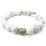 KONOV Howlite Turquoise Mens Womens Bracelet, 10mm Energy Bead, Buddha Mala, White Gold