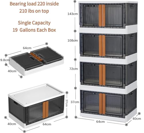 Keqin Folding Storage Organizer with Lids & Wheels,Large Capacity Plastic Toy Storage Container,Multi Layered 72L Transparent Organizer Box for Home Office Trunk Outdoor 64*40*143cm (4 Pack, 19 Gal)