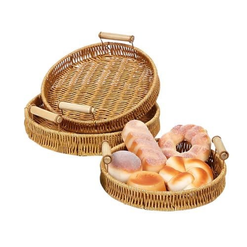 AHILAX 3PZS Cestas Redonda Tejidas de Pan con Mango, Bandeja Circular para Centro de Mesa Comedor Bandejas Almacenamiento de Servir Toalla Fruta Verdura Restaurante Cocina, 3 Tamaño