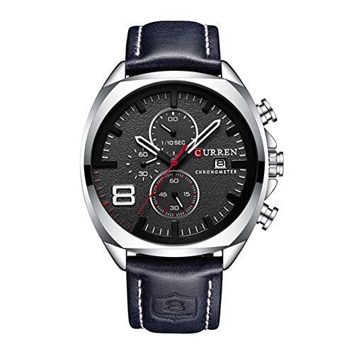 Curren 8324 Reloj de vestir para hombre con dos subesferas de fecha, correa de piel azul, reloj de cuarto de galón